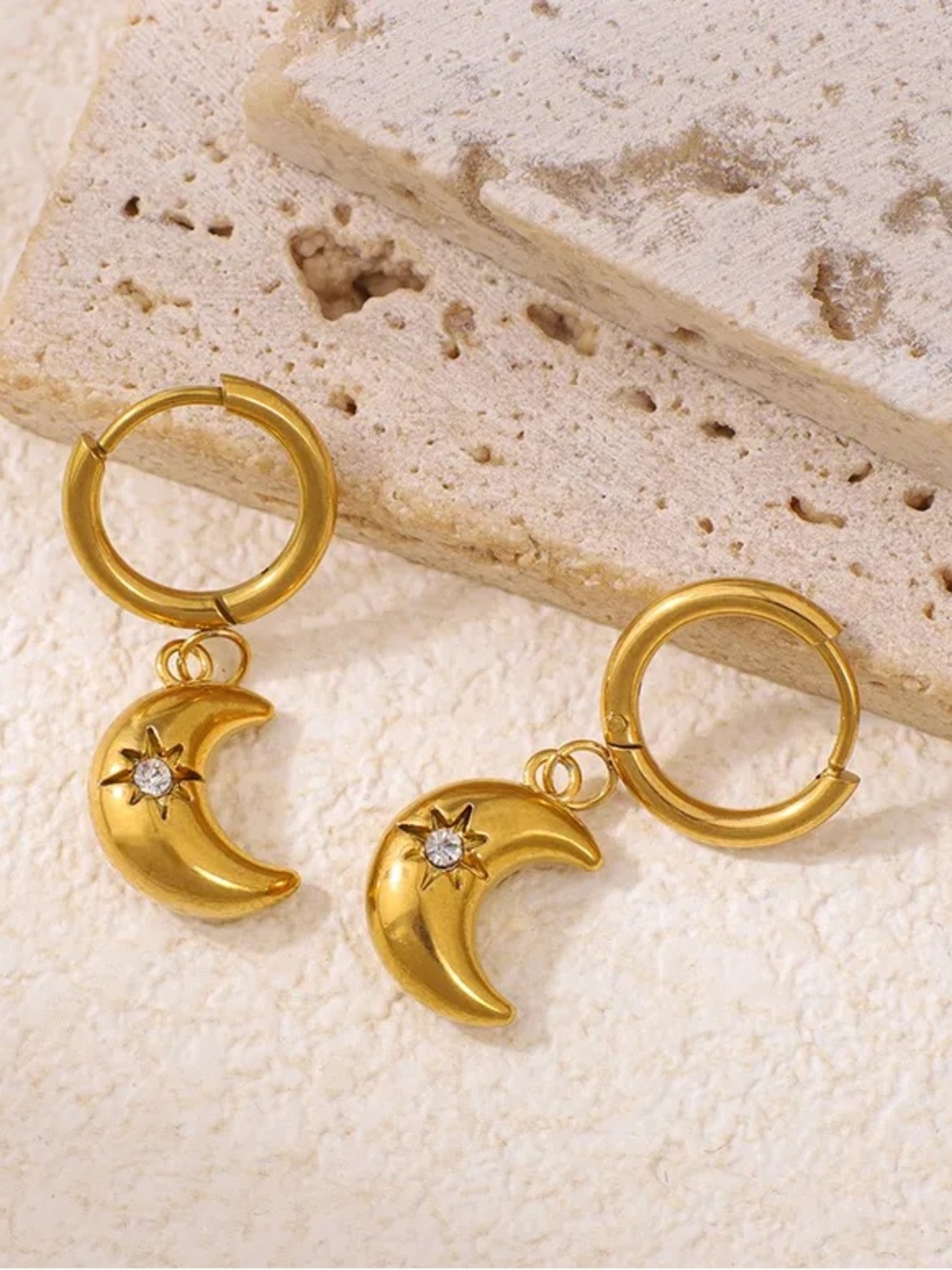 Yellow Gold Moon Charm Hoop Earrings